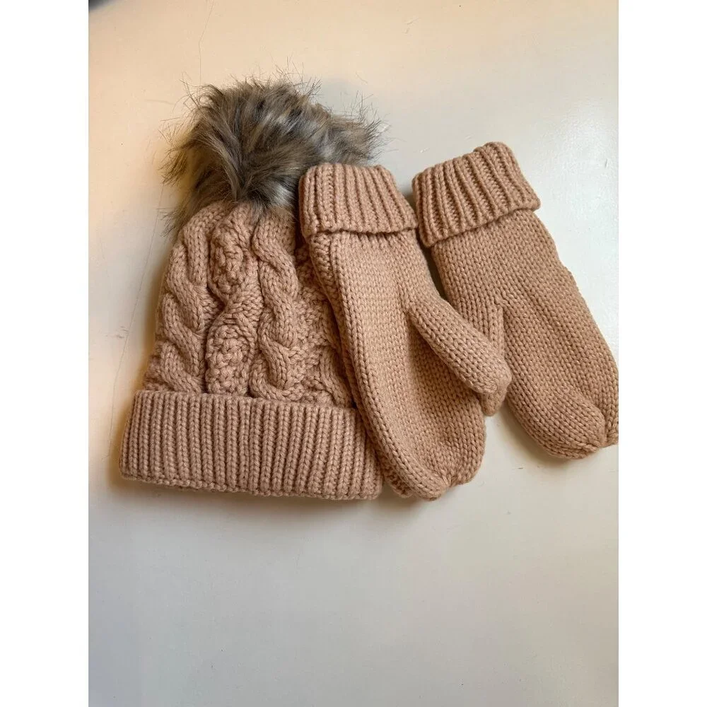 Panache Women’s Blush Pink Pom Pom Beanie & Mittens Set NWOT